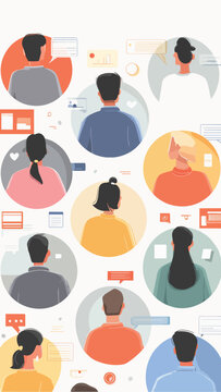 Diverse individuals in circular frames with chat bubbles, illustrating digital communication and community connection, ideal for social media, online forums and networking platforms.