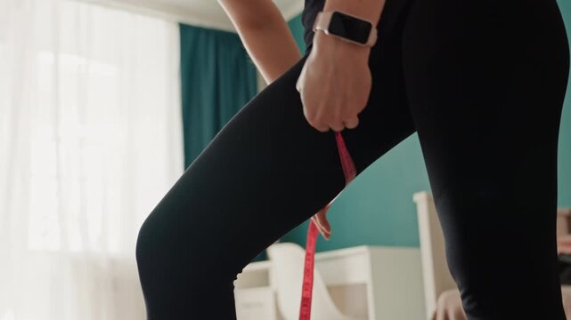 House tailoring thigh measurement with pink tape in bedroom, woman in sleek black leggings measures for dress fitting and alteration, soft daylight through curtains, seamstress vibe and careful
