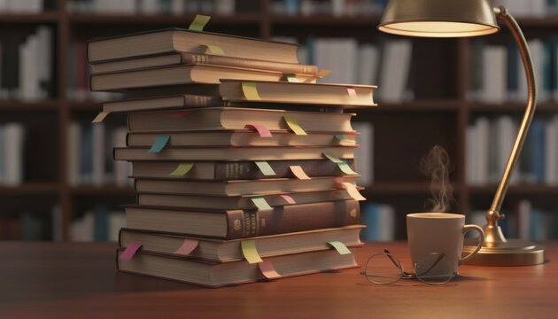 A pile of textbooks on a desk with a warm lamp and coffee cup in a library, representing a finals week study preparation concept with glasses and bookmarks