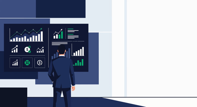 Professional businessman in suit analyzing complex financial data charts on a large futuristic digital screen, concept for business analytics, investment strategy and corporate performance review