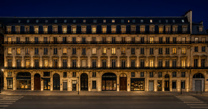 Paris, Immeuble parisien  la nuit, fa&ccedil;ade en pierre, toit mansard&eacute;, des balcons en fer forg&eacute;, batiment haussmannien