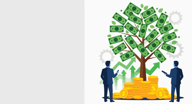 Money tree laden with banknotes and golden coins, two businessmen analyzing growth charts and finance, perfect for investment strategy, business growth and financial success.