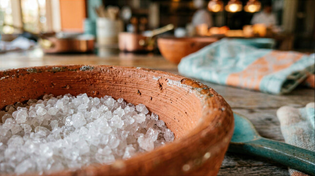 Close-up of Natural Coarse Sea Salt Crystals in a Rustic Terracotta Bowl on a Kitchen Table with Blurred Copper Cookware Background
