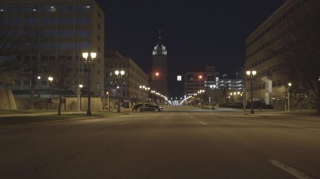 Lansing Michigan Downtown Night Street Clock Tower Empty City Avenue Street Lights Urban Cityscape