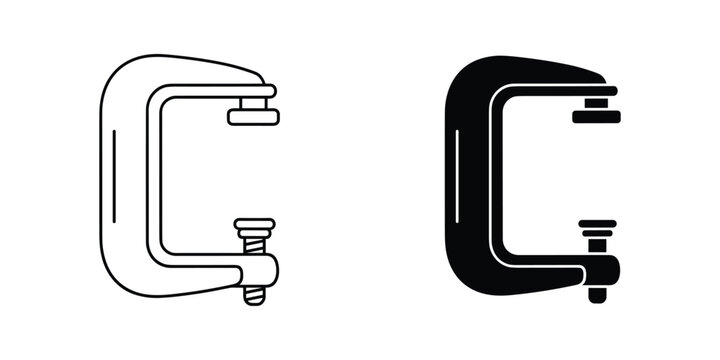 G clamp tool in outline and solid silhouette isolated on white background for design