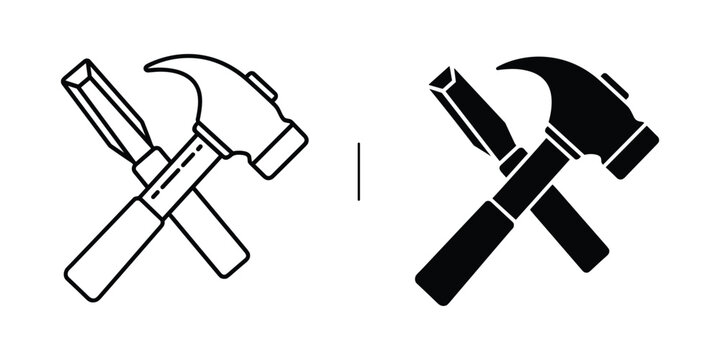 Hammer and chisel crossed against white background with concept of construction and repair