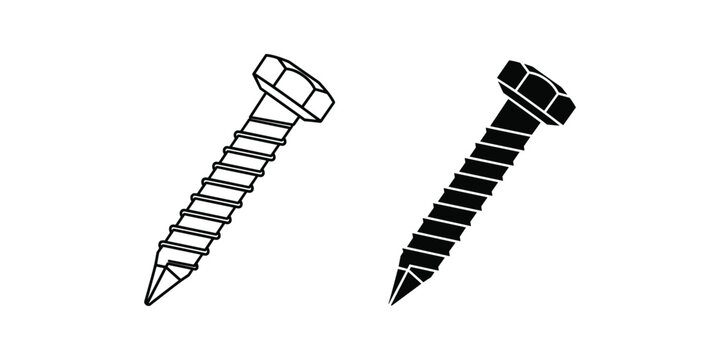 Hex head screw in line art and silhouette on white background for construction and DIY projects