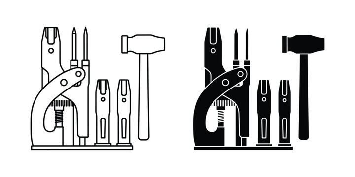 Leatherworking tool set arranged neatly on a stand with a hammer beside it on a white background