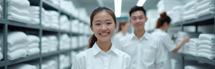 Fototapeta premium Young Asian employees work in laundry. Team sorts white textiles on shelves. People maintain clean linen in hotel or hospital. Teamwork in textile service.