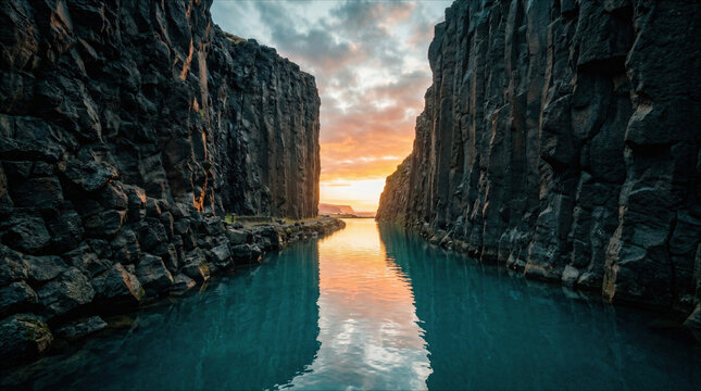 Stunning sunset over deep volcanic canyon with basalt columns and calm turquoise water in Iceland