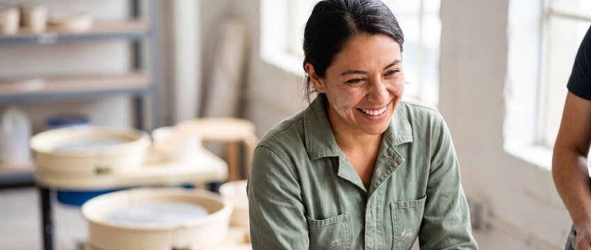 Smiling Hispanic woman pottery workshop artist laughing in creative ceramic studio workspace. Happy female sculptor making clay pottery on wheel during art class activities with messy face paint arts.