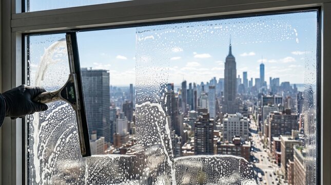 Window cleaner squeegee wiping soapy water on a skyscraper window with city skyline background