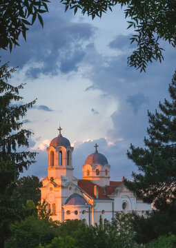 Beautiful Eastern Orthodox church in Bozveliysko village near Provadia Bulgaria illuminated by golden sunset light
