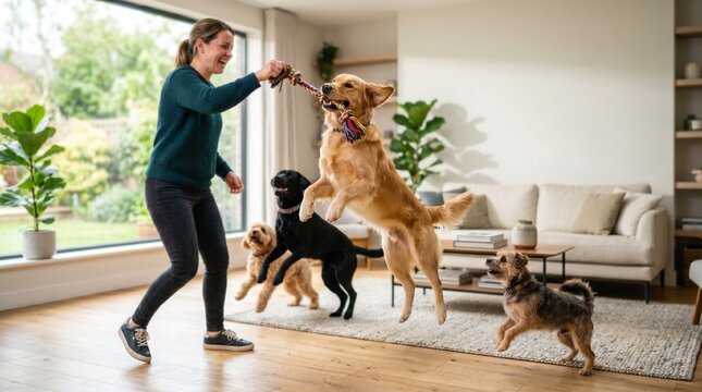 Woman playing tug of war with multiple dogs in a bright living room