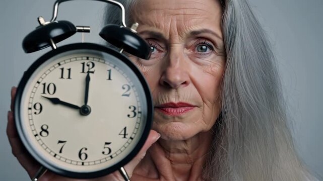 An elderly woman holds an alarm clock near her face, a concept of menopause