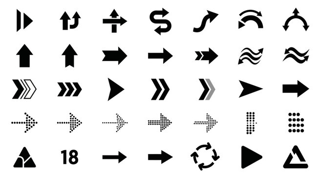 Arrow icons, direction symbols, navigation elements, 40 black and white vector graphics