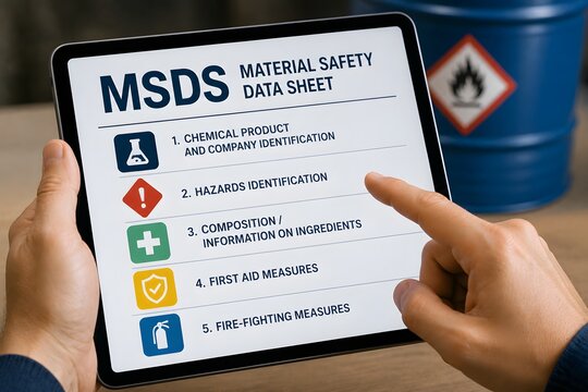 MSDS or Material Safety Data Sheet on a tablet with a hand pointing at it, indicating safety and chemical hazard information.
