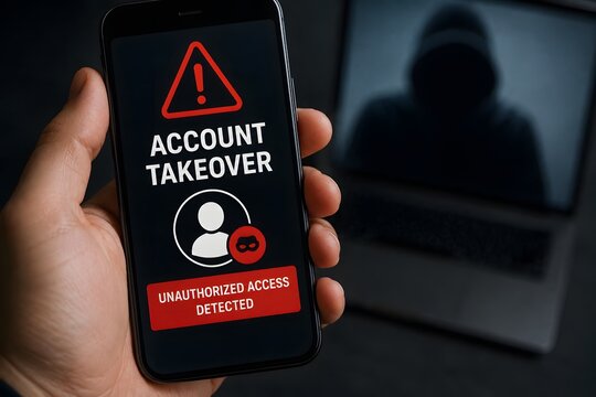 Cybersecurity concept of account takeover with a hacker in the background.