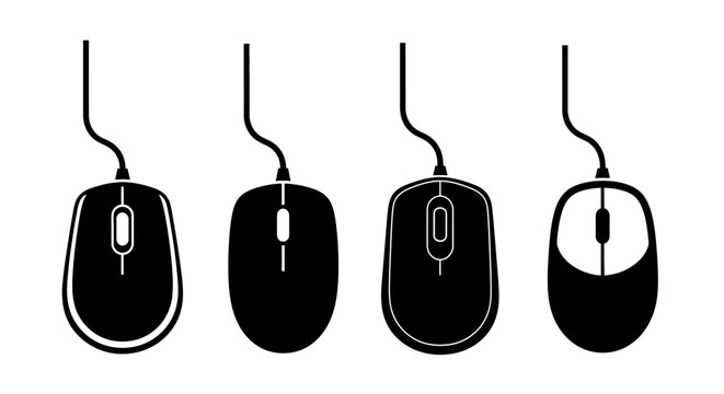 Computer mouse icons, black computer mice, corded mouse symbols, desktop pointers