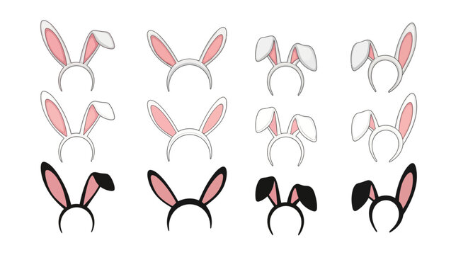 Bunny Ears Headbands, Cartoon Rabbit Ears, Pink Black White, 9 Vector Illustrations, Party Accessories