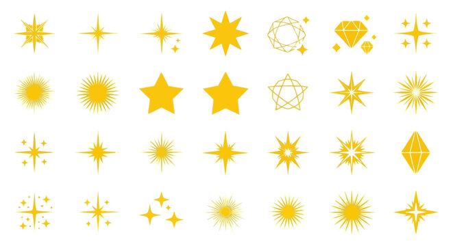 Golden starburst icons, yellow sparkle effects, glowing star shapes, light burst graphics, 25 starburst elements