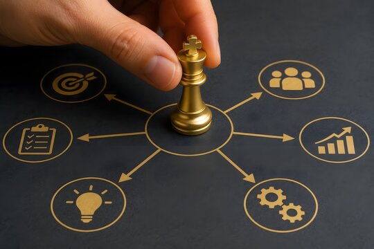 A hand holding a golden chess king as a metaphor for business strategy and leadership.