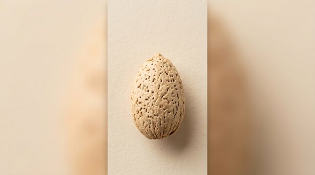 Single raw almond in shell centered on minimalist textured beige background for healthy snack and organic food concept photography with soft natural lighting