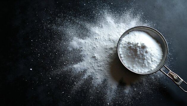 Powder sieved through metal strainer onto dark surface. Fine white dust particles scatter. Sugar icing confectioners baking ingredient. Dry substance preparation for cooking.