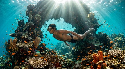Male free diver swimming through coral reef arch underwater.