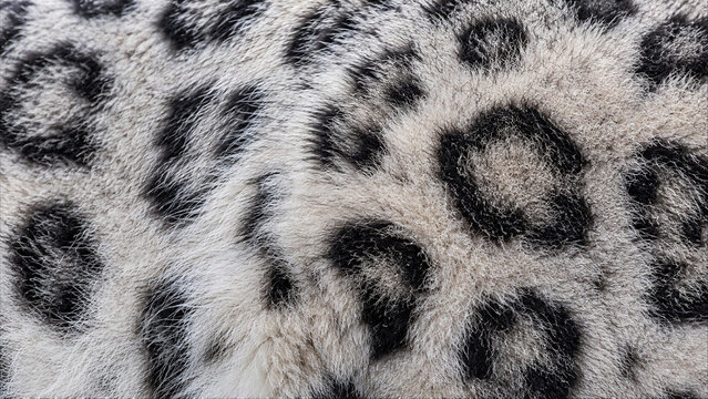 Macro photography of snow leopard fur texture with characteristic black rosettes and thick white coat