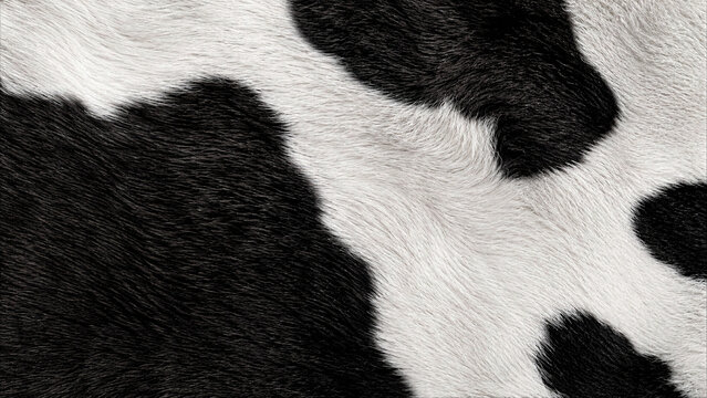 High-detail macro shot of black and white cow fur texture, natural Holstein cattle hide pattern background