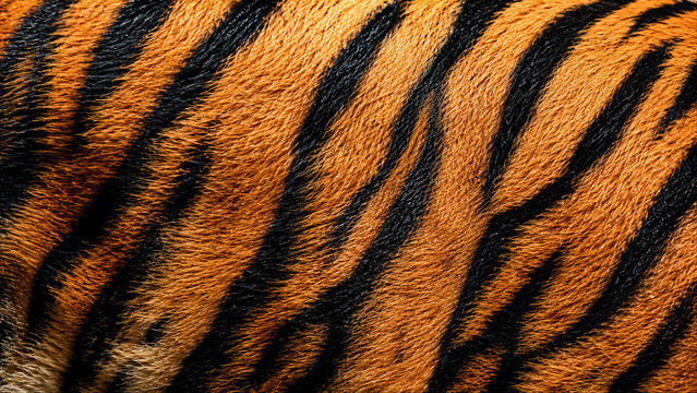 Detailed close-up texture of orange and black tiger fur pattern