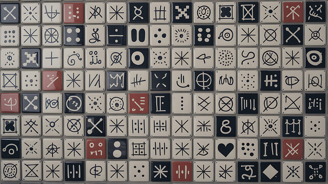 Ancient Symbol Collection: A grid of ancient symbols, each unique and mysterious, displayed on small square tiles. This collection represents a visual archive of lost meanings and cultural heritage.