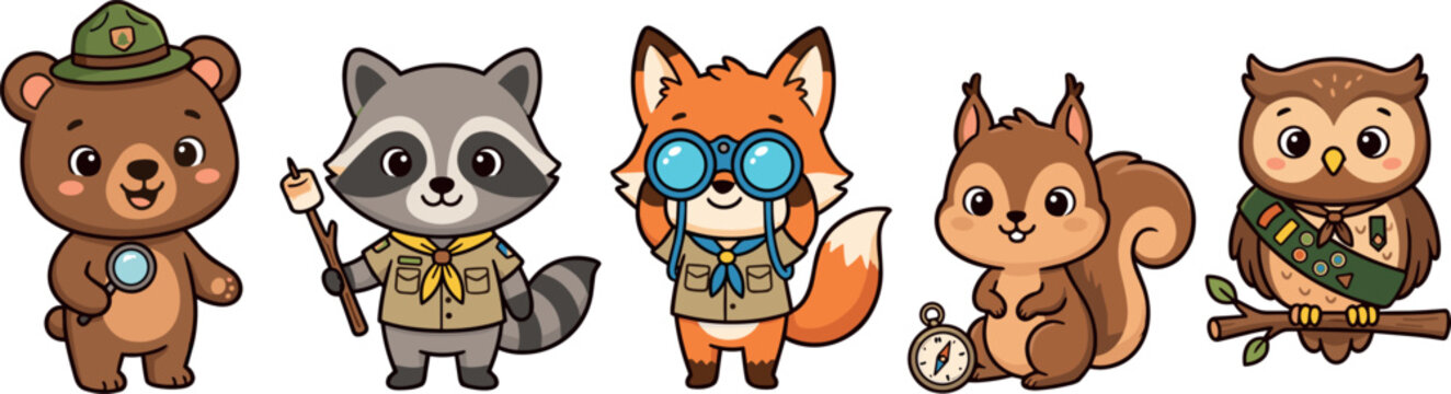 Cute Woodland Animals Scout Characters Set Featuring Bear Ranger Raccoon with Marshmallow Fox with Binoculars Squirrel holding Compass and Wise Owl with Sash