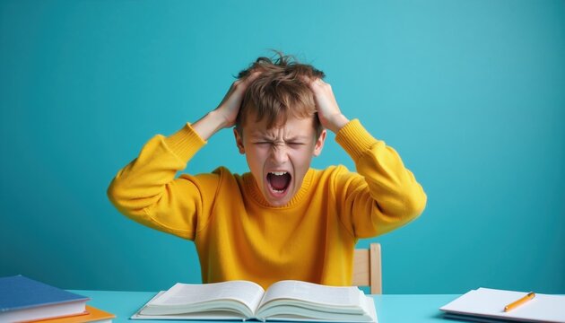 Young boy pulls hair, screams from homework stress. Child looks frustrated with open books. Kid struggles with difficult study tasks. Teenager feels overwhelmed by schoolwork. Boy yells, head in