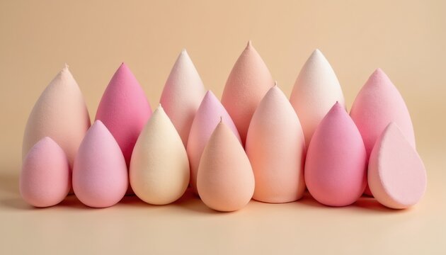 Collection of makeup sponges in various pastel shades and sizes arranged neatly on a plain beige backdrop. These beauty blenders are soft and perfect for foundation application or blending.