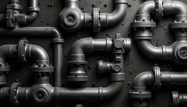 Close-up view of industrial metal pipes and valves. Complex plumbing system with flanges and connections creates abstract texture. Monochromatic industrial background.