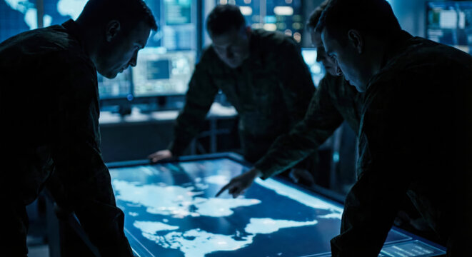 In a war room, a team gathers around a large world map display to discuss military strategies and analyze locations. They point at the map and share insights
