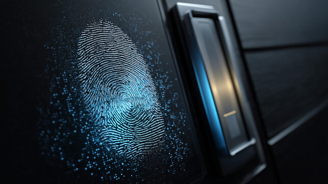 Fingerprint scan on a dark electronic device with glowing blue lines