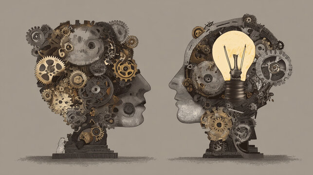 Steampunk human head sculptures with gears and lightbulb on brown background