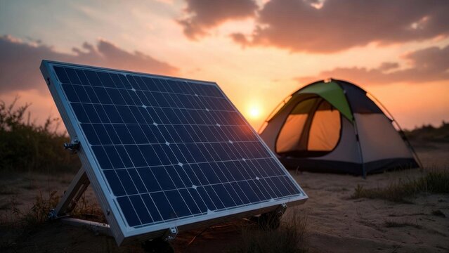 Collapsible solar panel positioned near tent on sandy ground at sunset