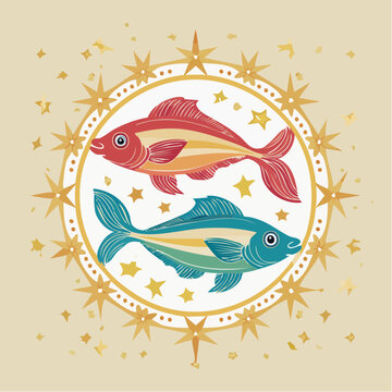 Pisces Zodiac Symbol with Two Fish and Stars