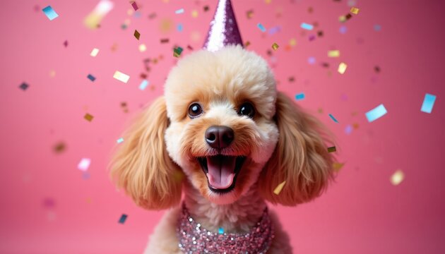 Happy toy poodle dog wearing party hat and sparkly collar. Confetti falls around furry friend celebrating on pink background. Cute pet enjoys birthday celebration event.