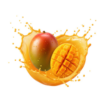 Hyper-realistic whole and half Alphonso mangoes, with diced flesh, enveloped in a dynamic orange nectar splash against a transparent background, concept for vibrant tropical food advertising