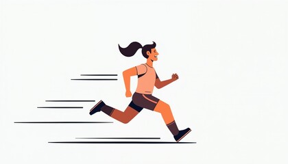 Obraz premium Woman runs fast with ponytail and sport clothes. Energetic female athlete strides forward with speed lines. Woman trains for marathon race. Active person moves quickly.