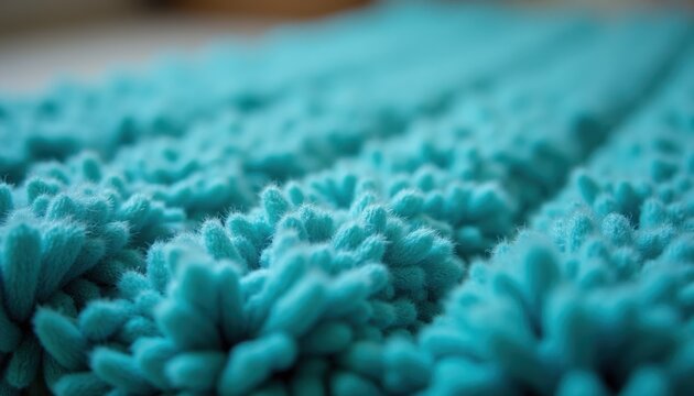 Close-up of fluffy teal bath mat texture with soft fibers. Deep pile surface feels plush and absorbent. Ideal for bathroom decor and comfort.