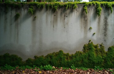 Naklejka premium Textured concrete wall with green moss growth at base, top. Small plants sprout near fallen leaves. Overgrown wall shows age, nature reclaiming structures. Organic background for nature or themes.