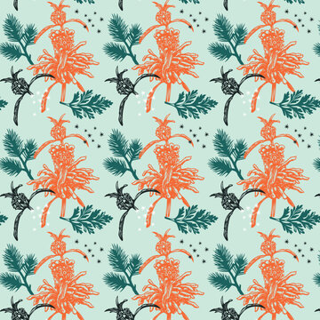 lion's ear leonotis leonurus seamless pattern, rustic african wild dagga engraving texture, colorful floral repeat print