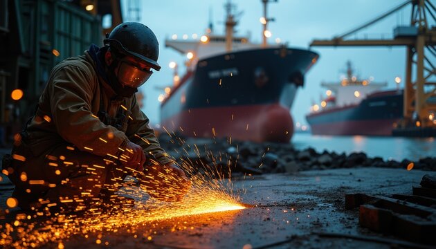Worker grinds metal plate at shipyard. Large cargo ships dock in harbor. Sparks fly from grinding tool during industrial work. Maritime industry scene.