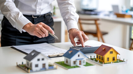 Real Estate Investment Analysis: A person calculates the costs of three model houses, representing real estate investment and property ownership with a contract and calculator.